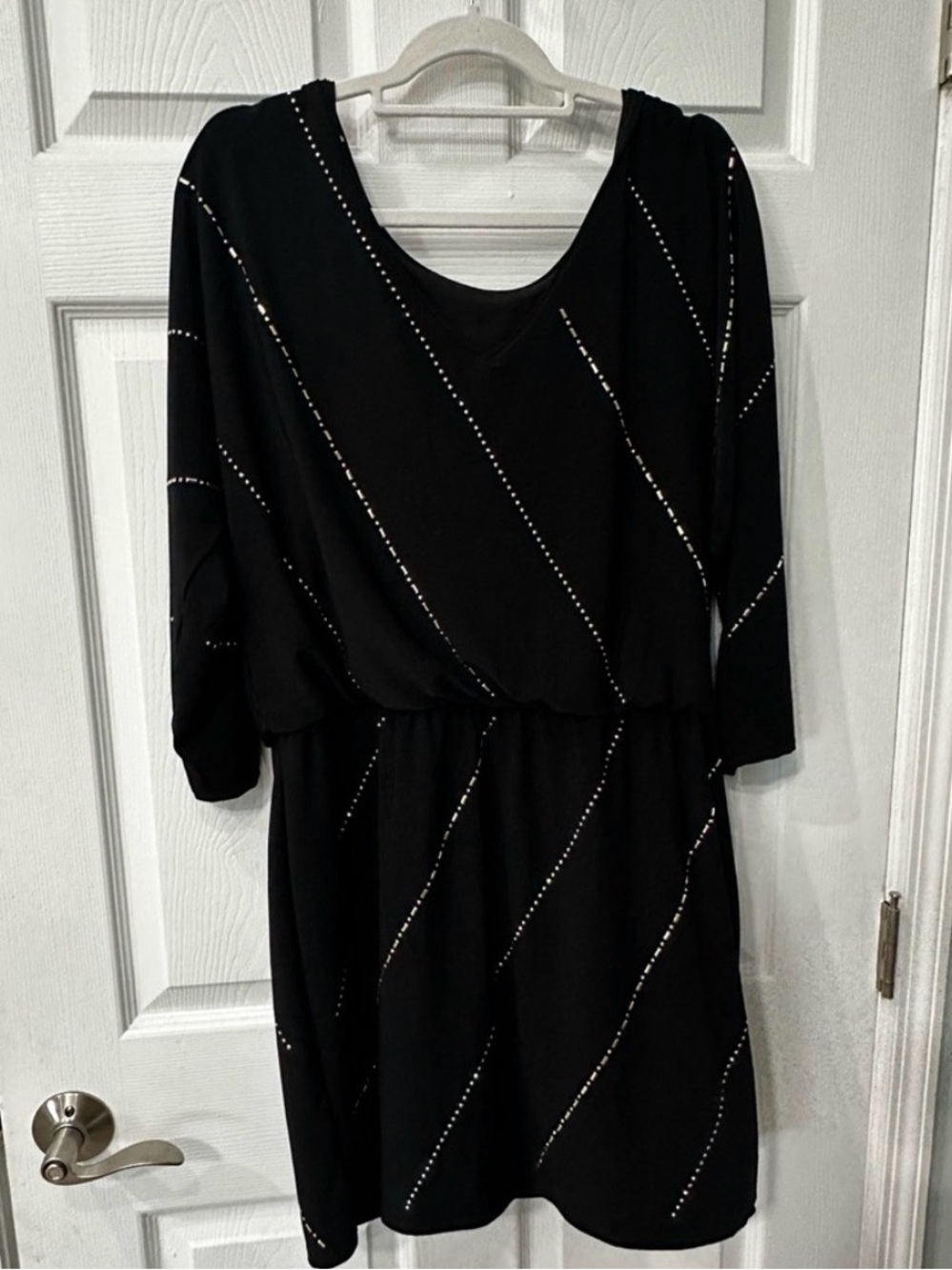 New WHBM Black Women's Blouson Dress with Diagonal Stud Detail